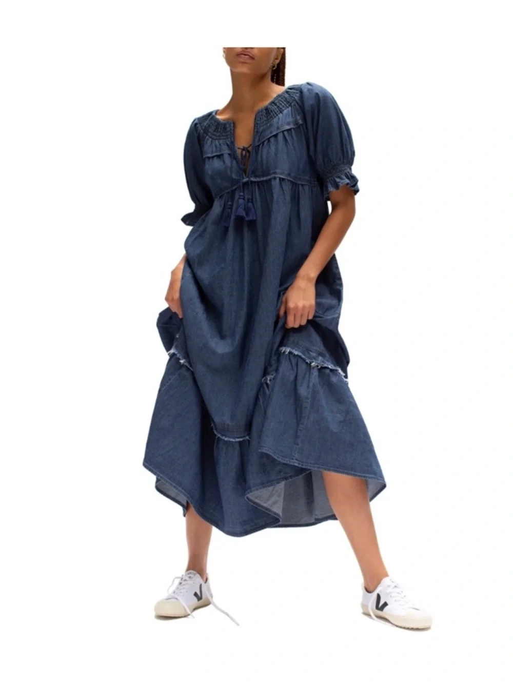Free People One and Only Denim Dress Dark Denim Boho Ruffle Dress - Picture 2 of 6